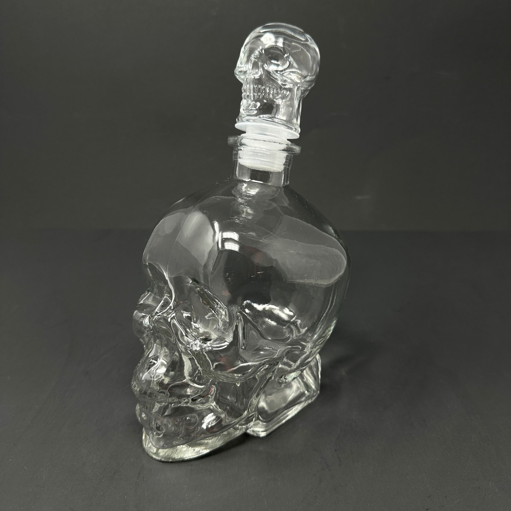 Clear Glass Skull Decanter Stopper Gothic Halloween Barware Goth Spooky 8.5in